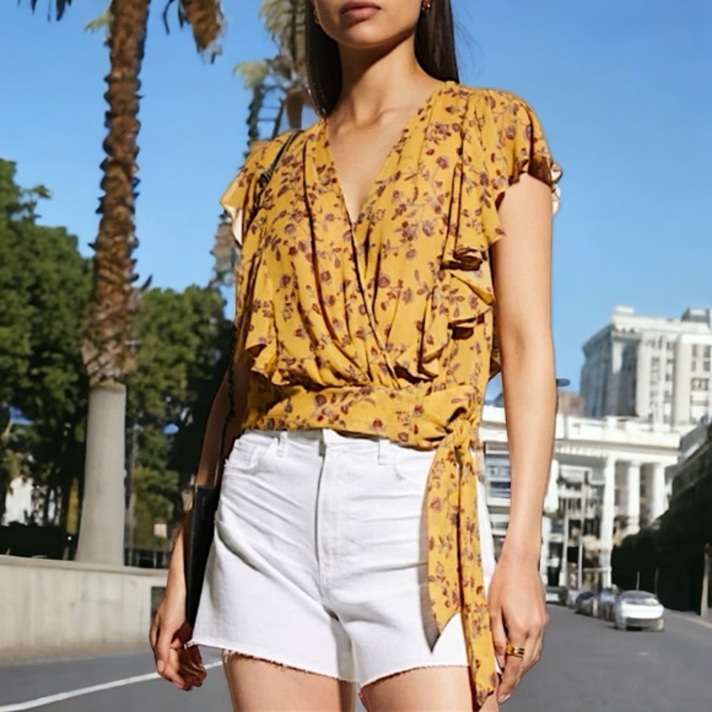 PAIGE Trista Floral Print Silk Blouse in Turmeric Multi Size Small (Flaws)